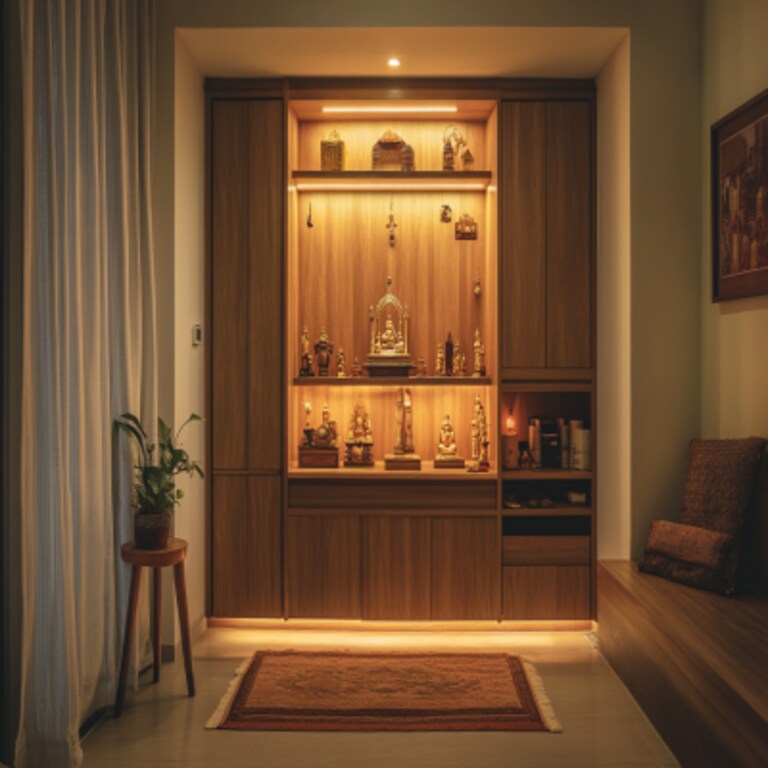 Modern Pooja Room Design with Storage and Soft Lighting